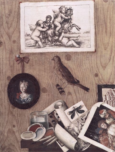 Christie's — Mara Antonio (Scarpetta) - sec. XVIII - Trompe-l'oeil con disegni, stampe, dipinto e uccello — insieme
